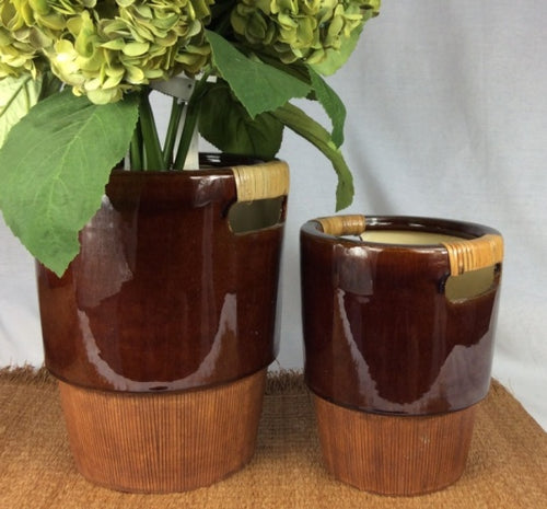 Mocha Glaze Pot w/Rattan trim S/2